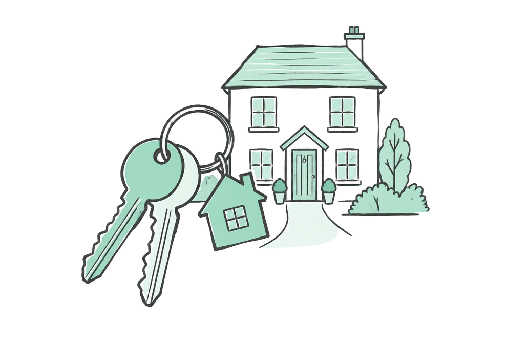 Buying a first home House keys beside a welcoming home