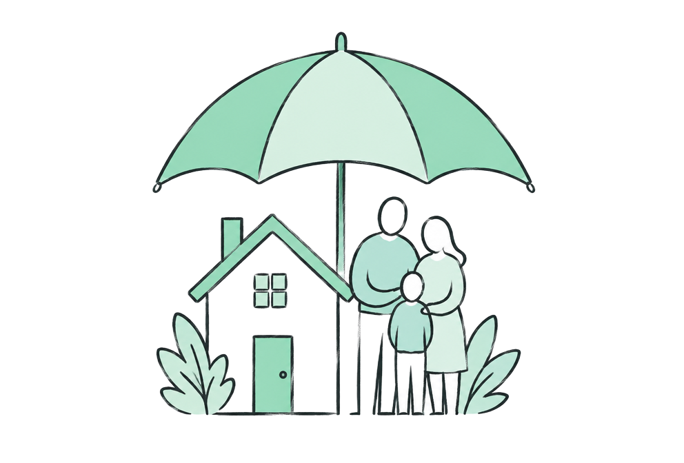 Family and mortgage protection Family and home sheltered by an umbrella