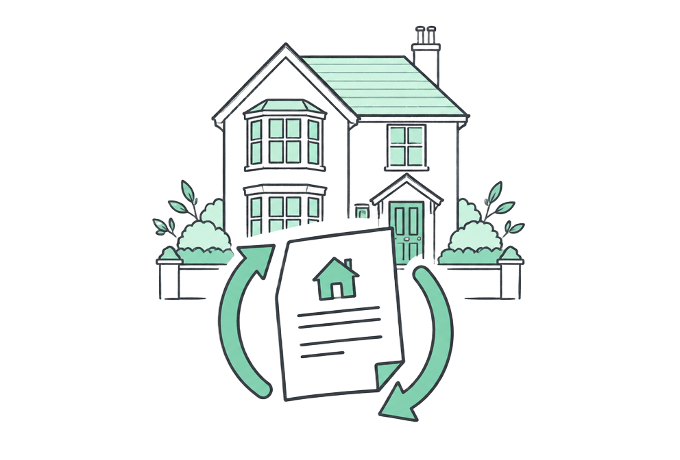 Reviewing a mortgage Mortgage document and review arrows in front of a home